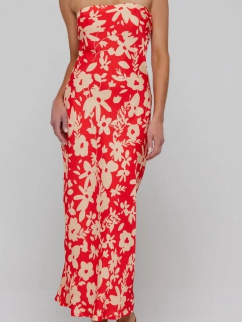 RESA Red and Cream Strapless Floral Midi Dress